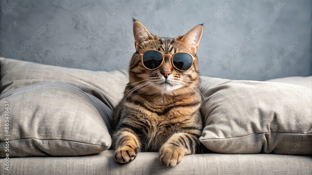 Wall mural Cool and funny cat in sunglasses lying in bed with grey pillows, cat, sunglasses, bed, grey, smooth fur, short fur, relaxing, cool