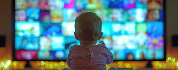 Obraz premium A baby is sitting in front of a television with a lot of different pictures on it. The baby is looking at the screen with interest