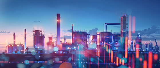 A futuristic oil refinery at sunset with digital overlays.