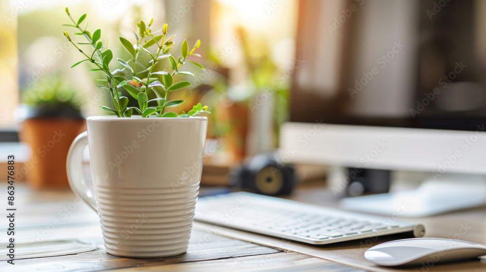 Poster a white mug with a plant in it sits on a desk next to a computer keyboard and mouse. concept of calm