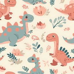 Obraz premium Adorable Baby Dinosaur Pattern with Floral Elements