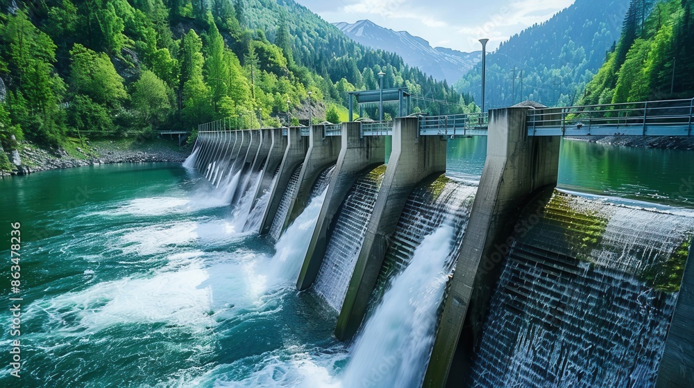 Poster a hydroelectric dam in a beautiful mountain setting, showcasing the power of water to generate clean
