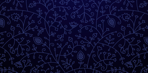 doodle seamless pattern with branches, leaves and flowers with floral ornament dark blue colors backgrounds for decorative backdrops can be used wallpapers, patterned fills, web pages, surface texture
