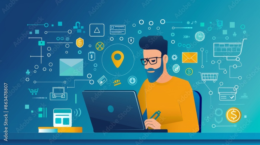 Poster man working on laptop with digital interface of e-commerce icons