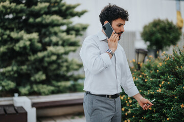 A young businessman having a phone conversation while holding a cigarette in an outdoor park...