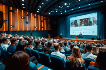 the anticipation of the audience as they watch a movie presentation on the big screen in the conference seminar hall, engrossed in the immersive experience.