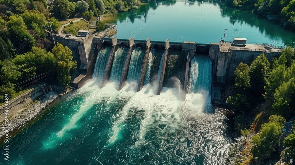 Poster an aerial view of a hydroelectric dam with water flowing over the spillway, generating clean energy 