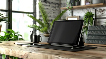 Tablet displaying screen mockup with stand and accessories on wooden co working table