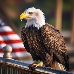 Naklejka premium Bald Eagle, 미국의 상징, Symbol of the United States, 대형 포식자, Large predator, 강력한 부리, Powerful beak, 황금색 머리, Golden head, 깃털, Feathers, 생태계의 중요성, Importance in ecosystem, 생태보호, Conservation, 독특한 날개 모양, Uni