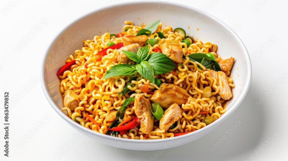 Sticker flavorful curry flavored instant noodles with chicken and vegetables displayed on a white background