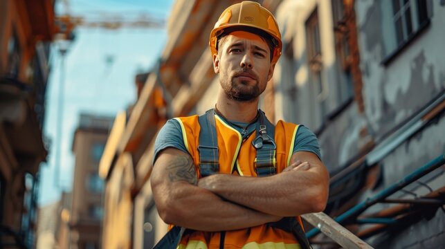 Strength at Work: Muscular Constructor Ready to Climb on Roof, Equipped with Safety Gear