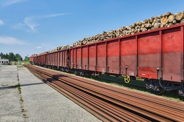 Obraz premium Freight Train Wagons Transporting Wood