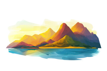 Colorful digital painting of serene mountains reflecting in a tranquil lake at sunset, showcasing vibrant nature and peaceful scenery.