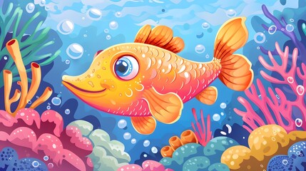 Cute cartoon piranha with sharp teeth. 