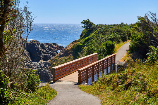 Coastal Pathway and Wooden Bridge by Blue Ocean in Chetco Point Park