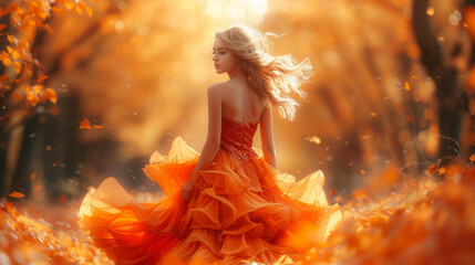 Beauty Autumn Woman, beautiful fantasy girl, fairy in blowing transparent chiffon dress. Fall. Fashion model lady in windy autumn park