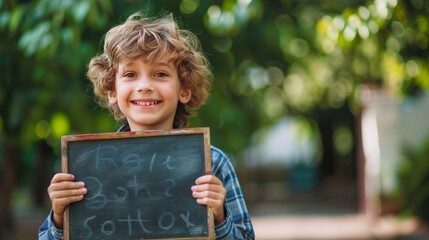 Happy schoolboy with a board written back to school , caucasian boy returning to school 
