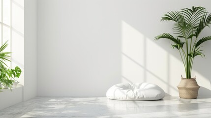An unoccupied dog bed in a white room with garden backdrop and space for text