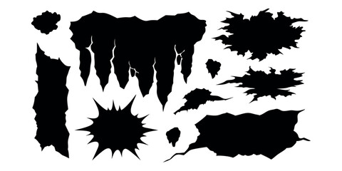 Black grunge texture.  Torn paper isolated. Vector set
