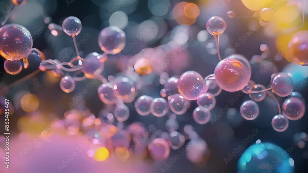 Poster a complex network of pathways with vibrant particles symbolizing the ninth step of glycolysis.
