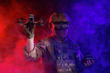 Naklejka premium A soldier is depicted holding a drone while wearing stealth gear for military operations