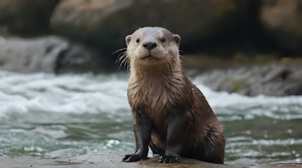 Naklejka premium a wet otter sitting on a rock in the water