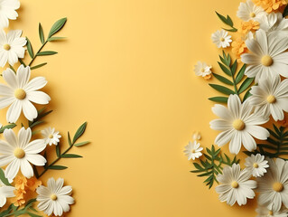 Obraz premium Generous Circular blank frame surrounded with flowers on yellow surface