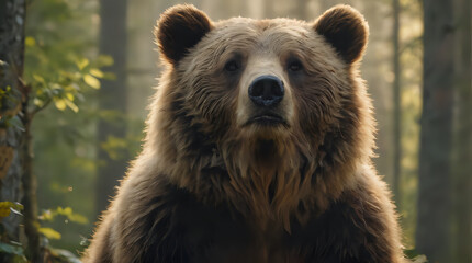 Fototapeta premium a brown bear standing in the woods looking at the camera