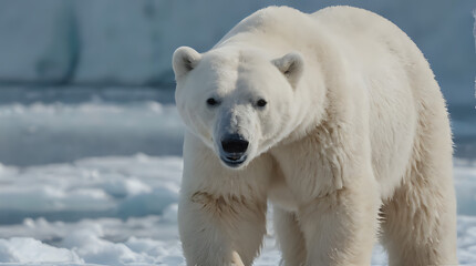Naklejka premium a polar bear walking in the snow near a glacier