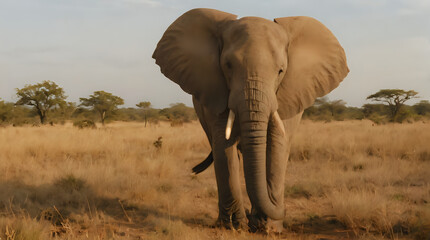 Obraz premium a large elephant walking through a field of tall grass