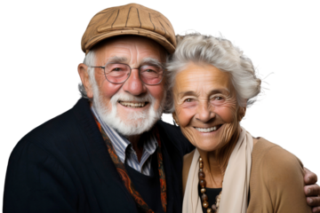 Portrait of happy elderly couple smiling and embracing each other, isolated on transparent background
