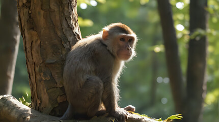Naklejka premium a monkey sitting on a tree branch in the woods