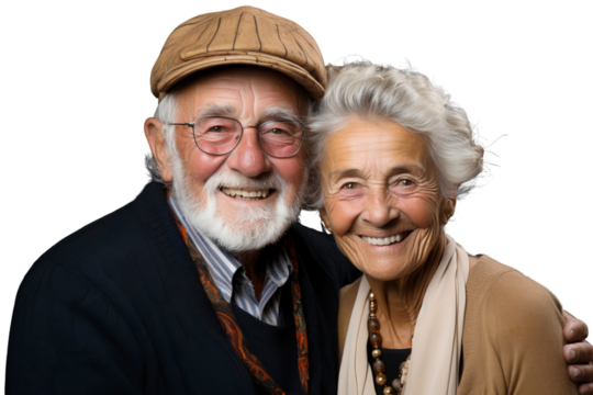 Portrait of happy elderly couple smiling and embracing each other, isolated on transparent background