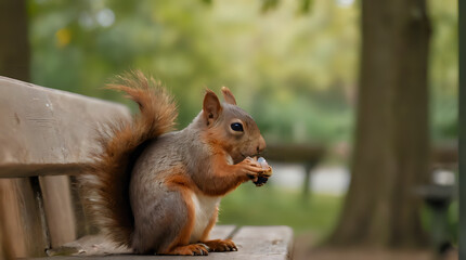 a squirrel sitting on a bench eating something