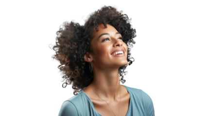 Portrait of happy African American woman smiling and looking up with afro hair, isolated on transparent background