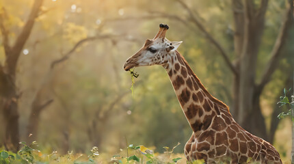 Obraz premium a giraffe that is eating grass in the woods