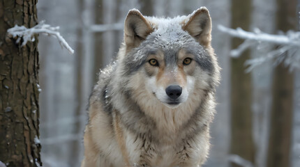 Obraz premium a wolf standing in the snow near a tree