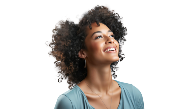 Portrait of happy African American woman smiling and looking up with afro hair, isolated on transparent background