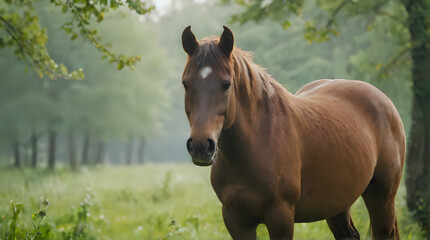 Naklejka premium a brown horse standing in a field of grass