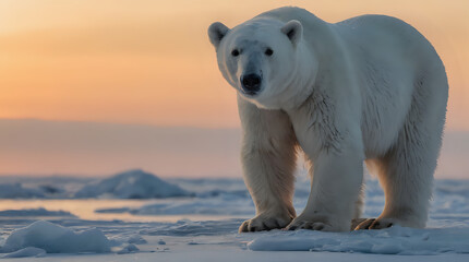 Fototapeta premium a polar bear standing on the ice in the sunset