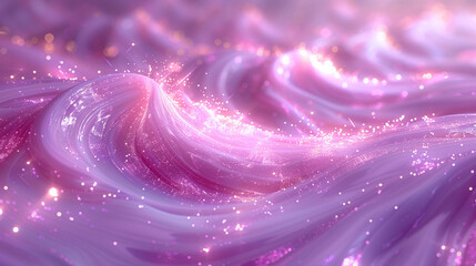 Gradient pink and light purple glowing flowing liquid with glitter effects. Shimmering and vibrant colors blend seamlessly, creating a mesmerizing visual of movement and fluidity