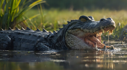 Obraz premium crocodile in the water with its mouth open showing teeth