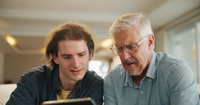Couch, senior father and son with tablet, scroll and help with online search, network or connection in home. Support, dad and adult child chat on sofa with digital app, advice and relax on weekend