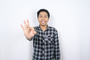 Fototapeta premium smiling asian man in casual plaid shirt showing okay gesture isolated on white