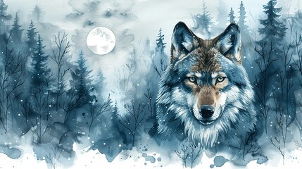 Adorable Watercolor Forest Scene with Wolf