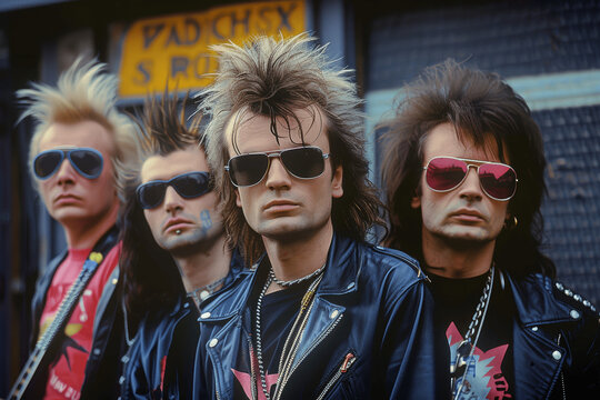 1980s Glam Rock Band Portrait with Big Hair, Leather Jackets, and Sunglasses