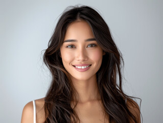 Fototapeta premium portrait of a beautiful young asian woman smiling with clean teeth isolated on white background high resolution closeup photography