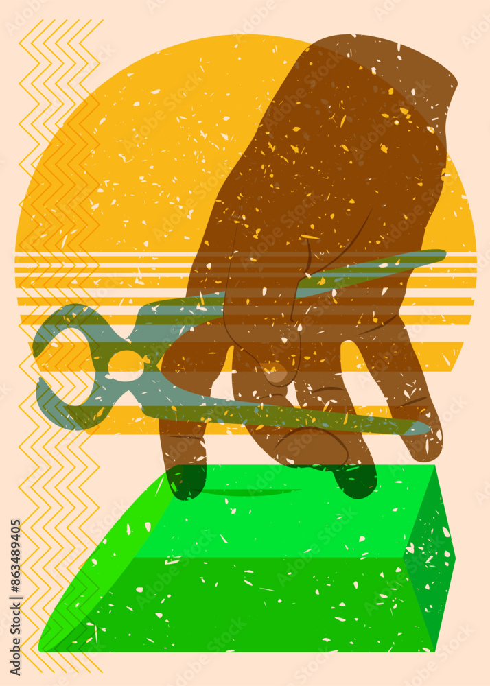 Poster risograph pliers, tongs with geometric shapes. objects in trendy riso graph print texture style desi