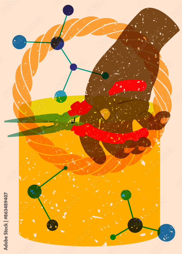 Poster risograph pliers, tongs with geometric shapes. objects in trendy riso graph print texture style desi