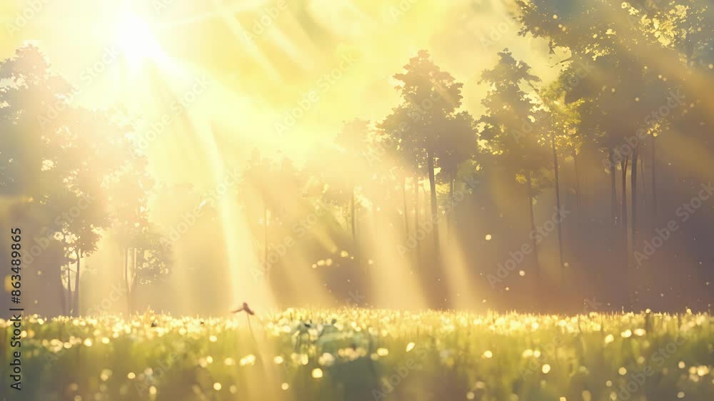 Poster soft beams of light breaking through the hazy atmosphere casting an enchanting glow over the forest.